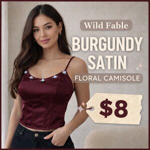 Wild Fable Burgundy Satin Corset Style Cami Floral Detail Size S